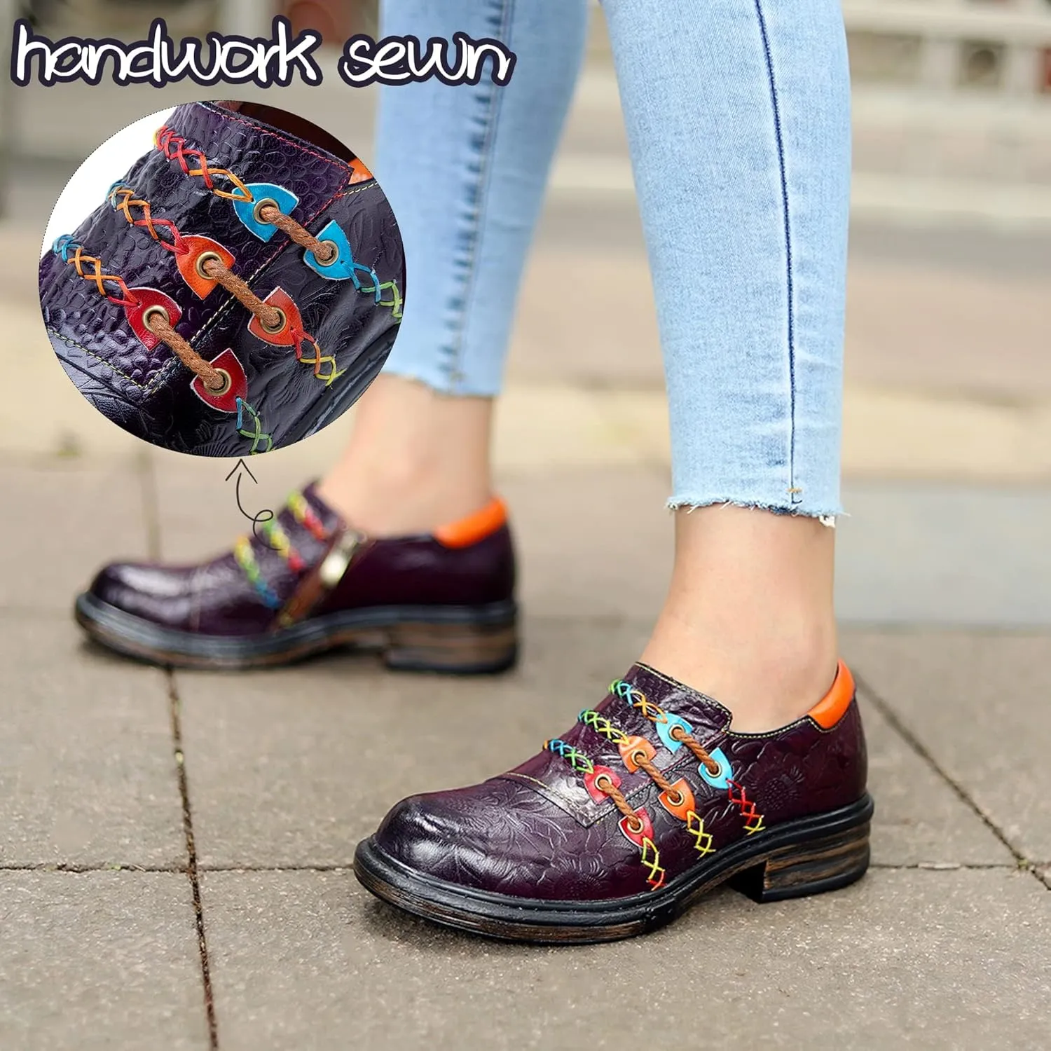 Women's Handmade Lambskin Oxford Loafers Shoes with Retro Ethnic Printed Style, Brock Design for Casual and Fashion Collegiate Style