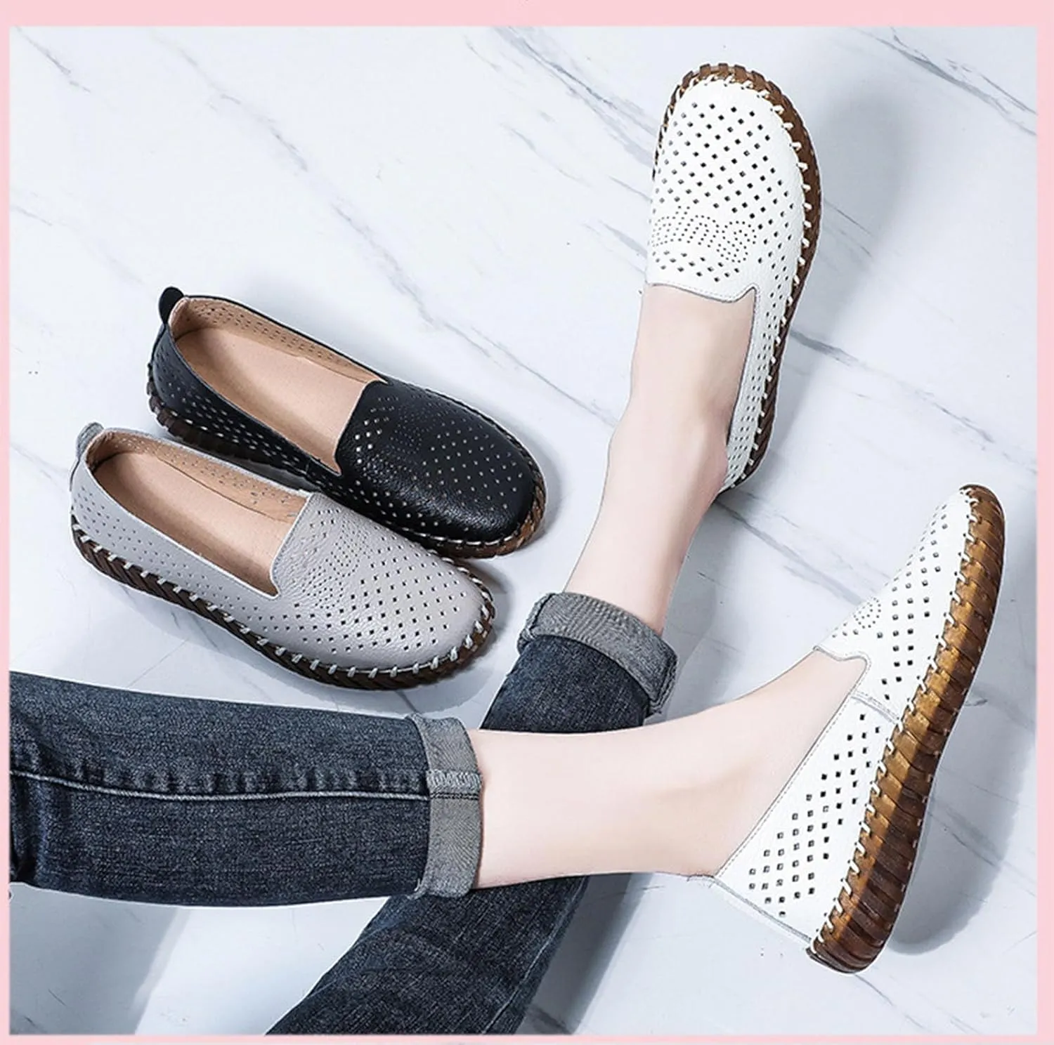 Women's Handmade Leather Casual Beef Tendon Soft Sole Loafers Comfortable Round Toe Breathable Oxford Arch Support Walking Shoes