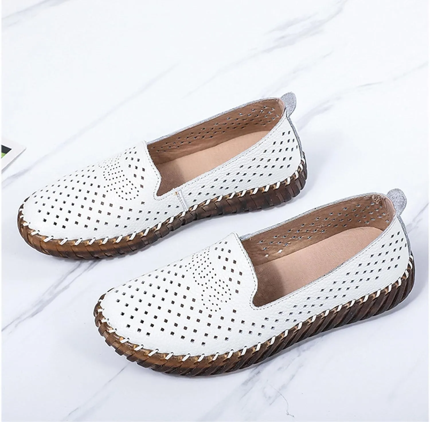 Women's Handmade Leather Casual Beef Tendon Soft Sole Loafers Comfortable Round Toe Breathable Oxford Arch Support Walking Shoes