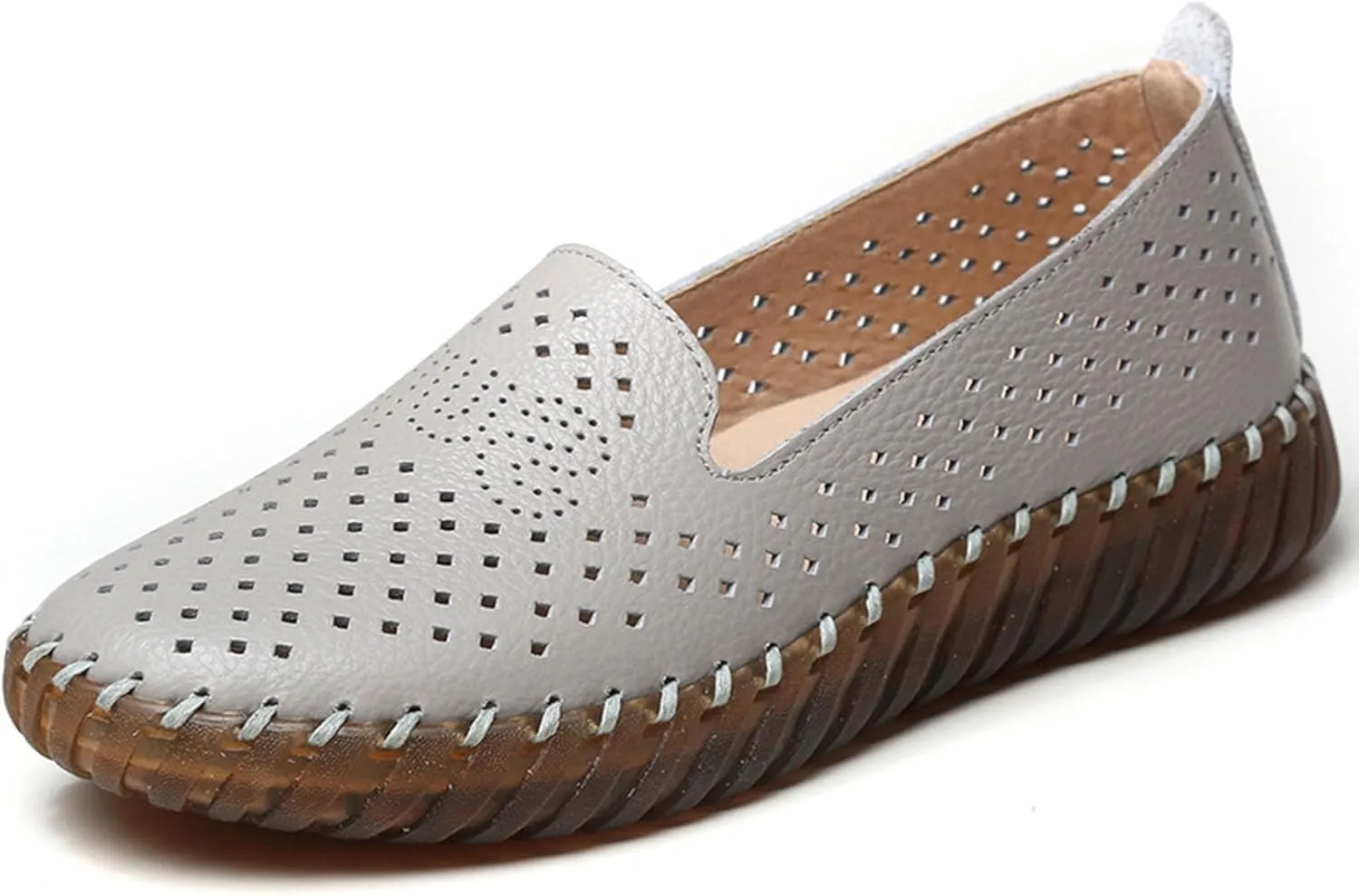 Women's Handmade Leather Casual Beef Tendon Soft Sole Loafers Comfortable Round Toe Breathable Oxford Arch Support Walking Shoes
