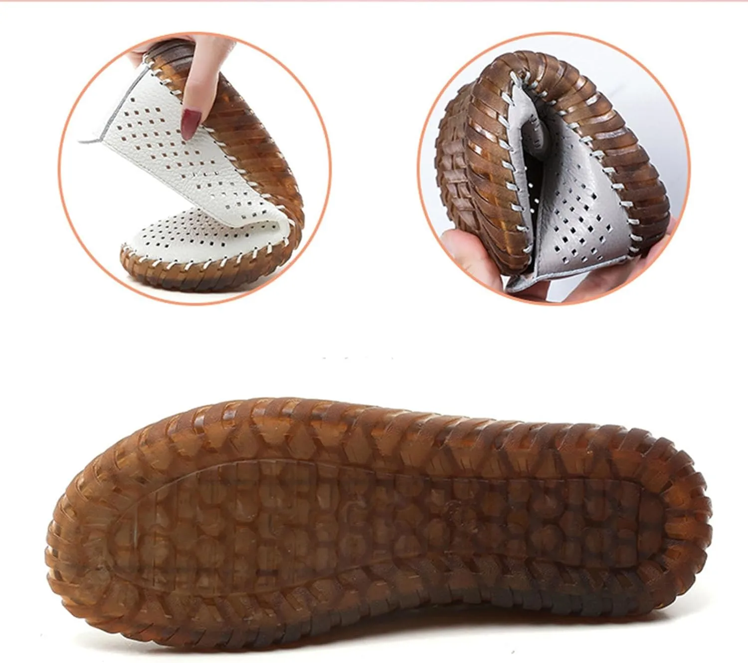 Women's Handmade Leather Casual Beef Tendon Soft Sole Loafers Comfortable Round Toe Breathable Oxford Arch Support Walking Shoes