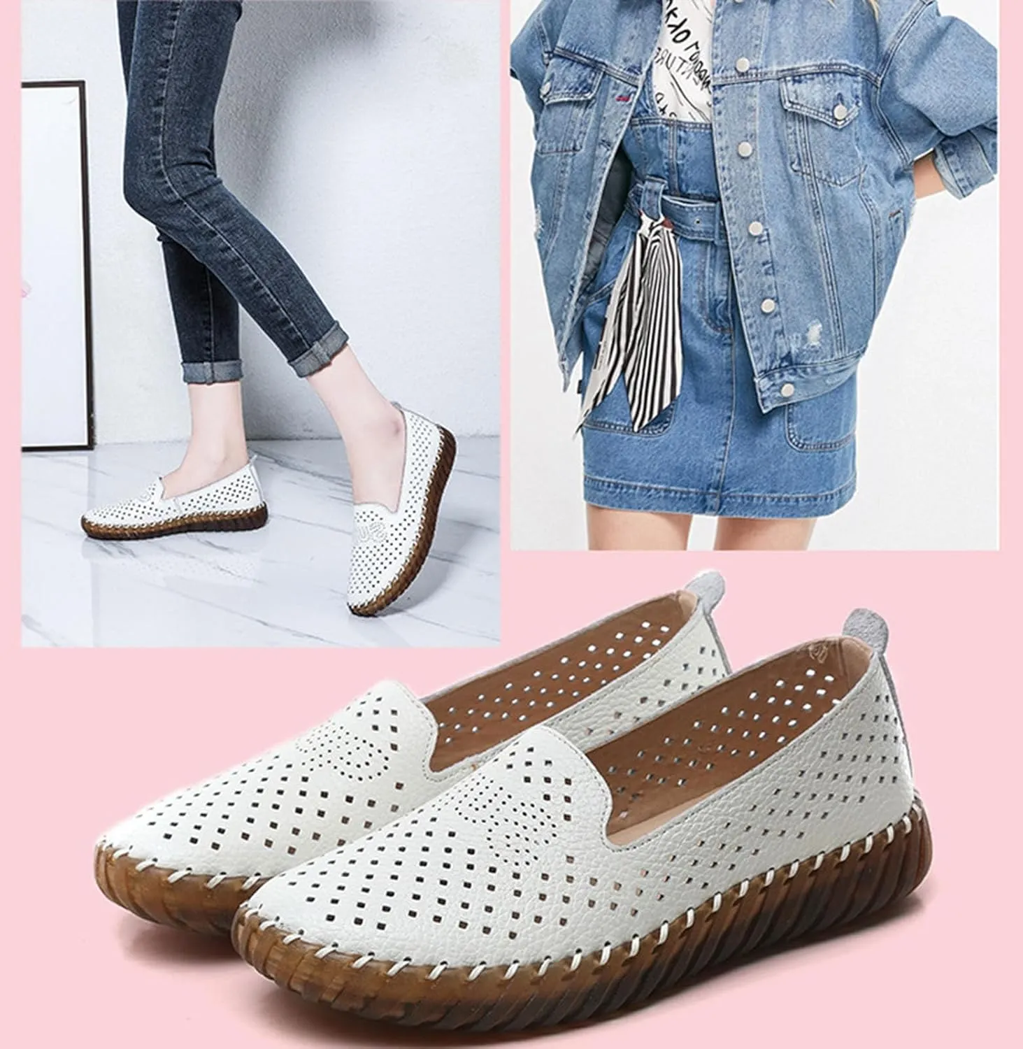 Women's Handmade Leather Casual Beef Tendon Soft Sole Loafers Comfortable Round Toe Breathable Oxford Arch Support Walking Shoes
