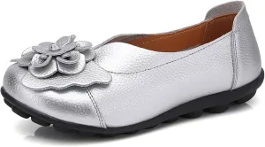 Women's Leather Flowers Loafers Lightweight Comfortable Round Toe Soft Bottom Walking Shoes Summer Casual Slip On Moccasins Driving Flats Outdoor Work Shoes