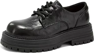Women's Leather Lace-Up Lug Sole Platform Oxford Shoes Classic Round Toe Non-Slip Thick Platform Dress Shoes Casual Vintage Chunky Heel Office Business Shoes