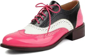 Women's Multicolor Leather Flat Classic Lace Up Oxfords Brogue Wingtip Round Toe Vintage Low Heel Pumps Business Work Office Dress Comfortable Shoes