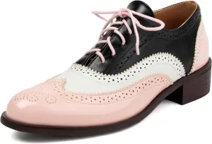 Women's Multicolor Leather Flat Classic Lace Up Oxfords Brogue Wingtip Round Toe Vintage Low Heel Pumps Business Work Office Dress Comfortable Shoes