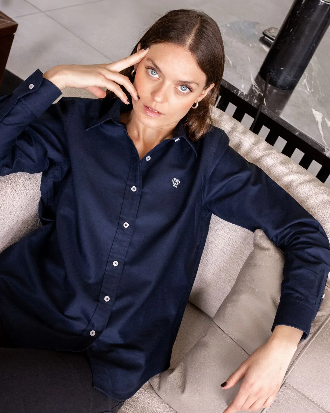 Women's Navy Blue Oxford Stain-Resistant Shirt