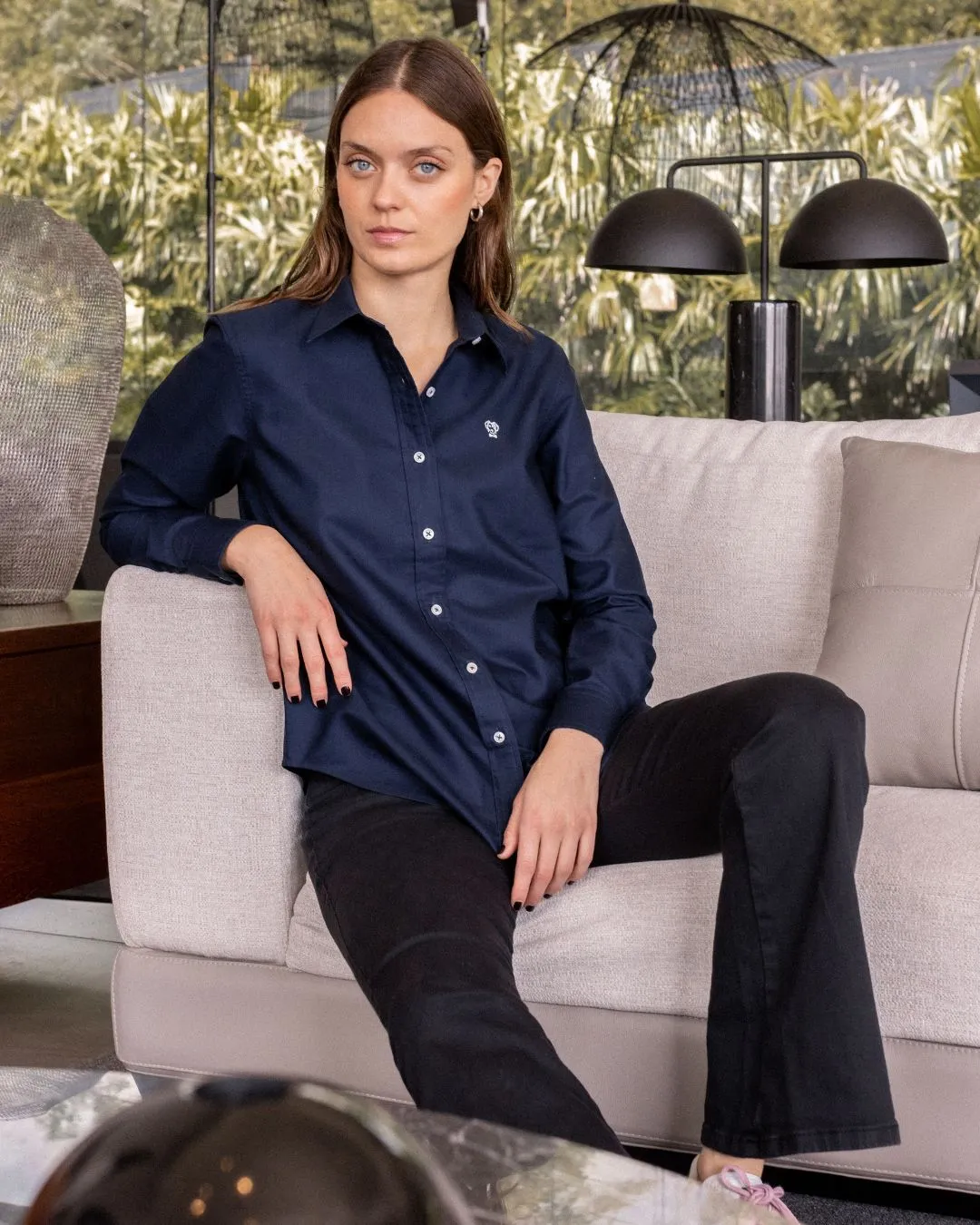 Women's Navy Blue Oxford Stain-Resistant Shirt
