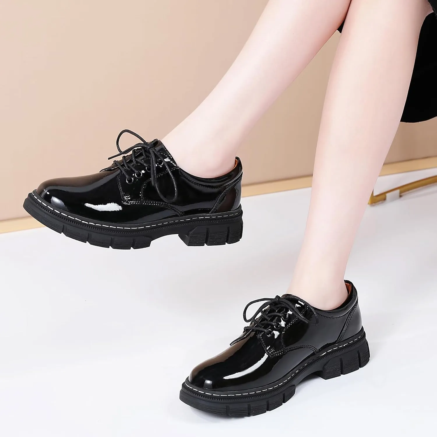 Womens Oxford Shoes Platform Classic Leather Non Slip Dressy Shoes Chunky Comfortable Business Shoes for Work Casual Office