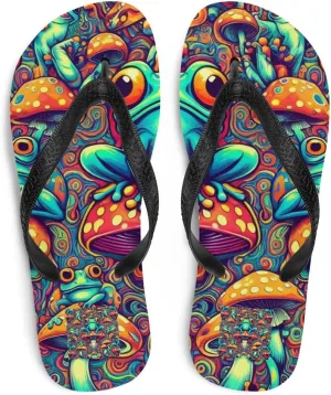 Women's Trippy Frog Retro Colorful Luxe Flip-Flops For Beach or Pool