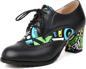 Women's Vintage Lace up Oxford Heels, Block Chunky Heeled Oxford Shoes, Dress Brogues Oxford Pumps