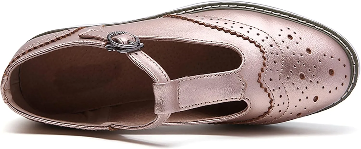 WUIWUIYU Womens Matte Leather Chunky Cleat Platfrom T-Strap Brogues Oxford Working Shoes