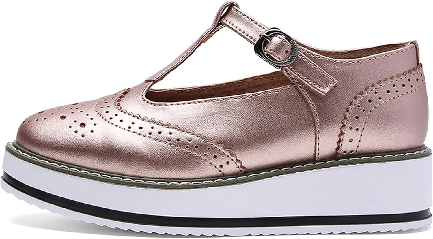 WUIWUIYU Womens Matte Leather Chunky Cleat Platfrom T-Strap Brogues Oxford Working Shoes