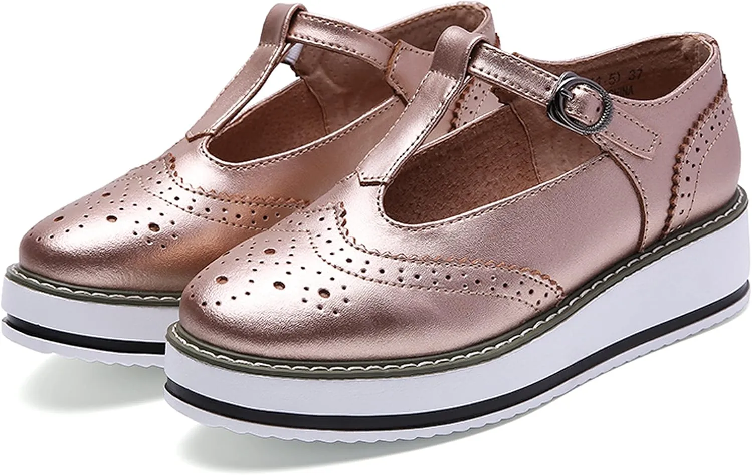 WUIWUIYU Womens Matte Leather Chunky Cleat Platfrom T-Strap Brogues Oxford Working Shoes