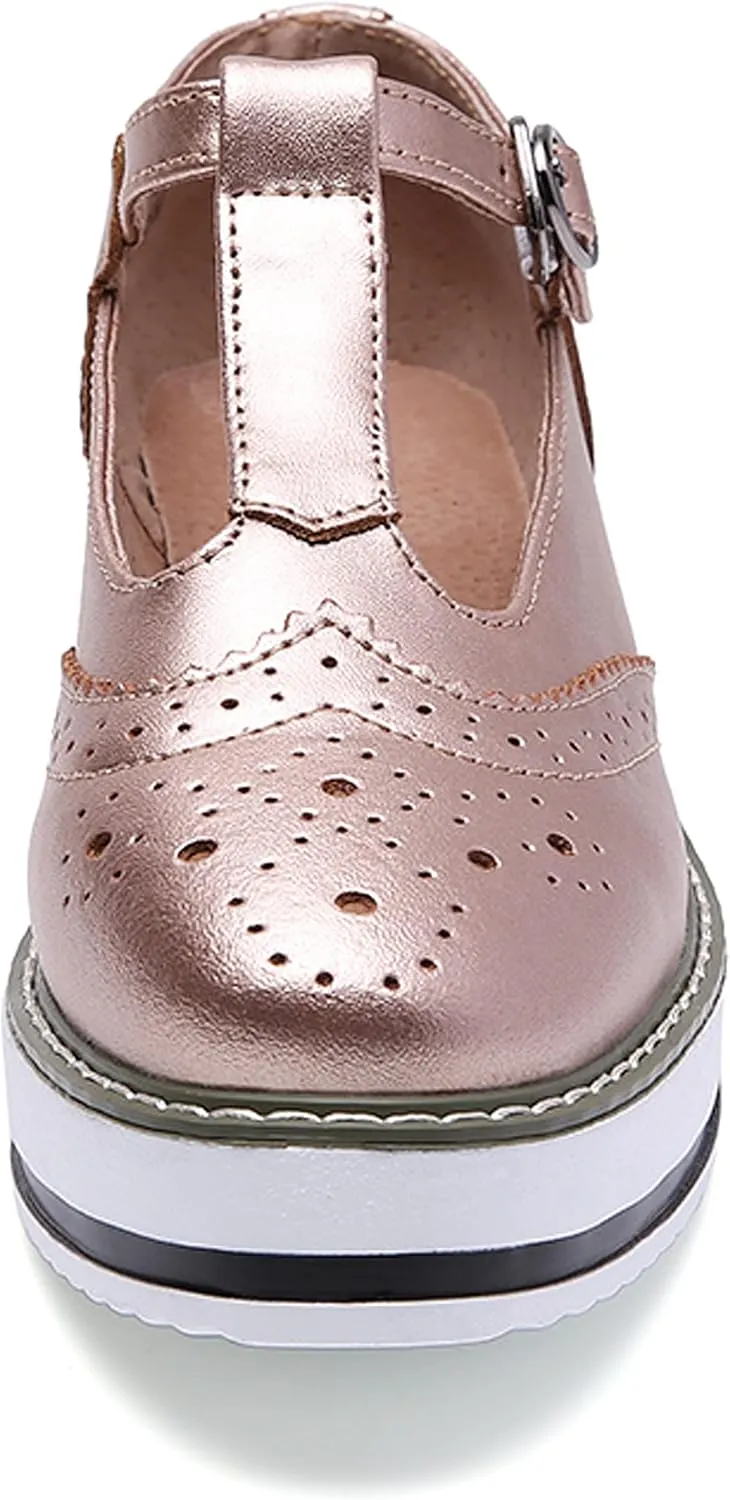 WUIWUIYU Womens Matte Leather Chunky Cleat Platfrom T-Strap Brogues Oxford Working Shoes