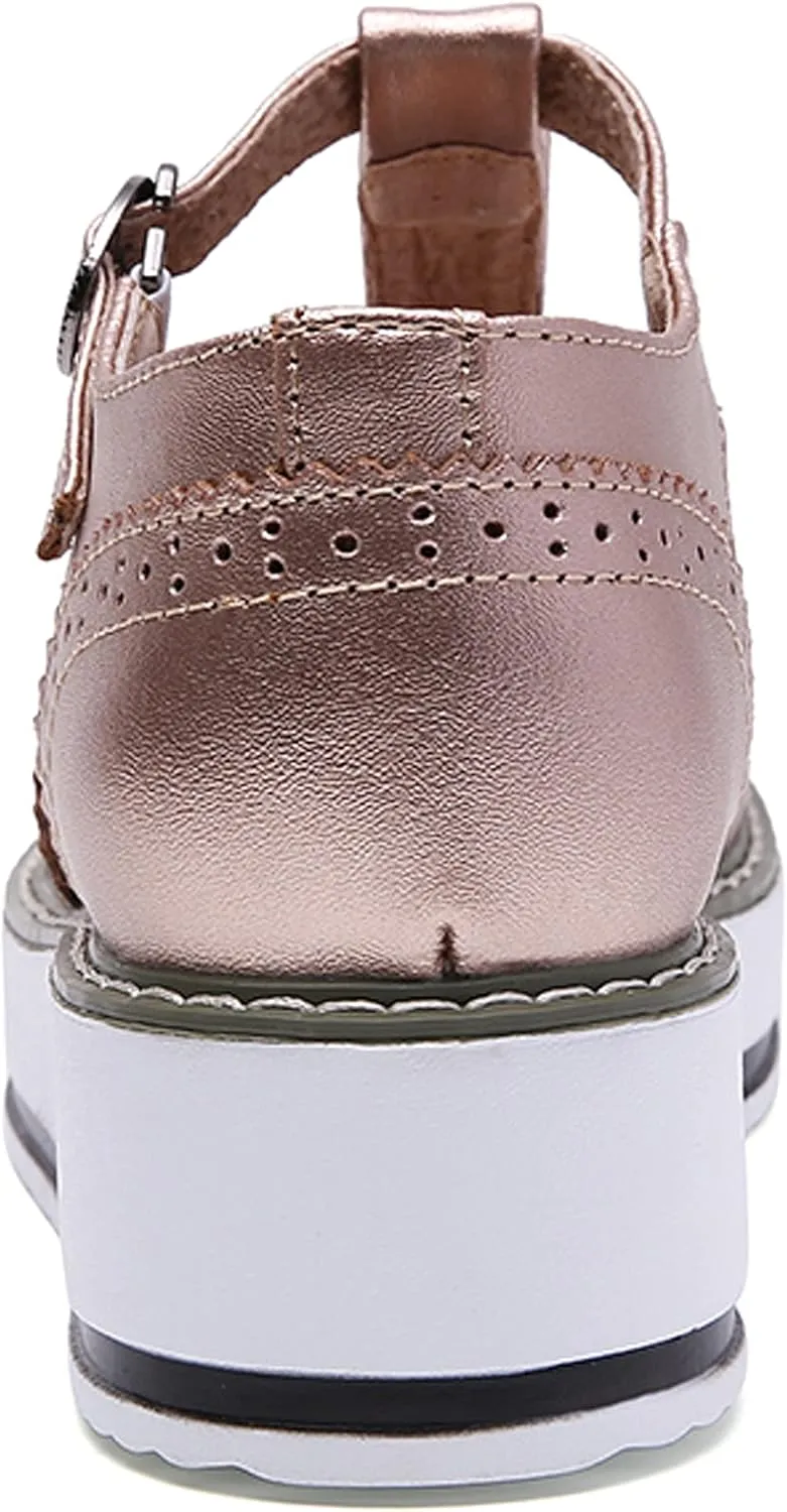 WUIWUIYU Womens Matte Leather Chunky Cleat Platfrom T-Strap Brogues Oxford Working Shoes