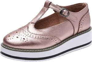 WUIWUIYU Womens Matte Leather Chunky Cleat Platfrom T-Strap Brogues Oxford Working Shoes