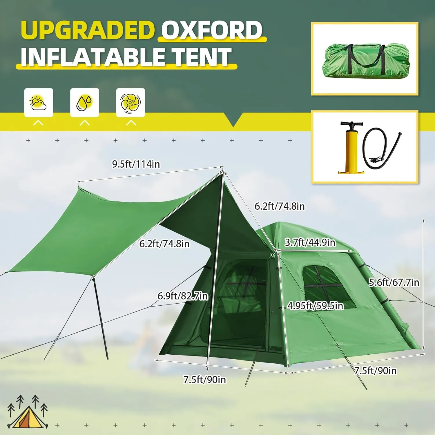 YOLENY 2-4 Persons Inflatable Camping Tent with Pump & Extended Canopy, Easy Set-up, Oxford Portable Free-Standing Family Cabin Tents for Hiking