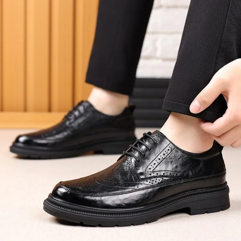 YZABEL Men's Leather Platform Lace Up Dress Oxford Shoes, Round Toe Breathable Hollow Business Casual Shoes, Soft-Soled Non-Slip for Formal and Everyday Wear