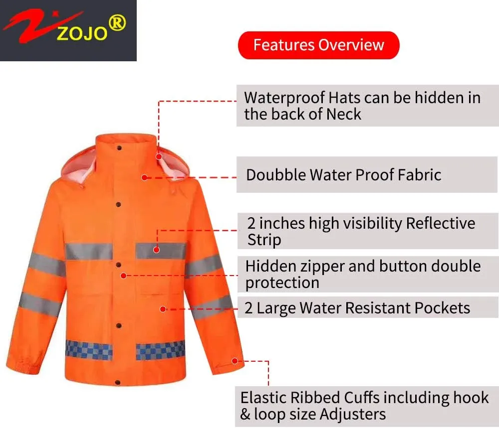 zojo High Visibility Safety Rain suit, Jacket, Pants High Visibility Reflective Rain Coats (Orange-3XL)
