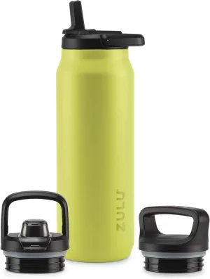 ZULU Base 40oz Stainless Steel Water Bottle with 3 Lids- Straw, Chug, Twist | Double Walled and Vacuum Insulated Metal Thermos | For Gym, Outdoor | Built in Carry Loop, Dishwasher Safe, Guac
