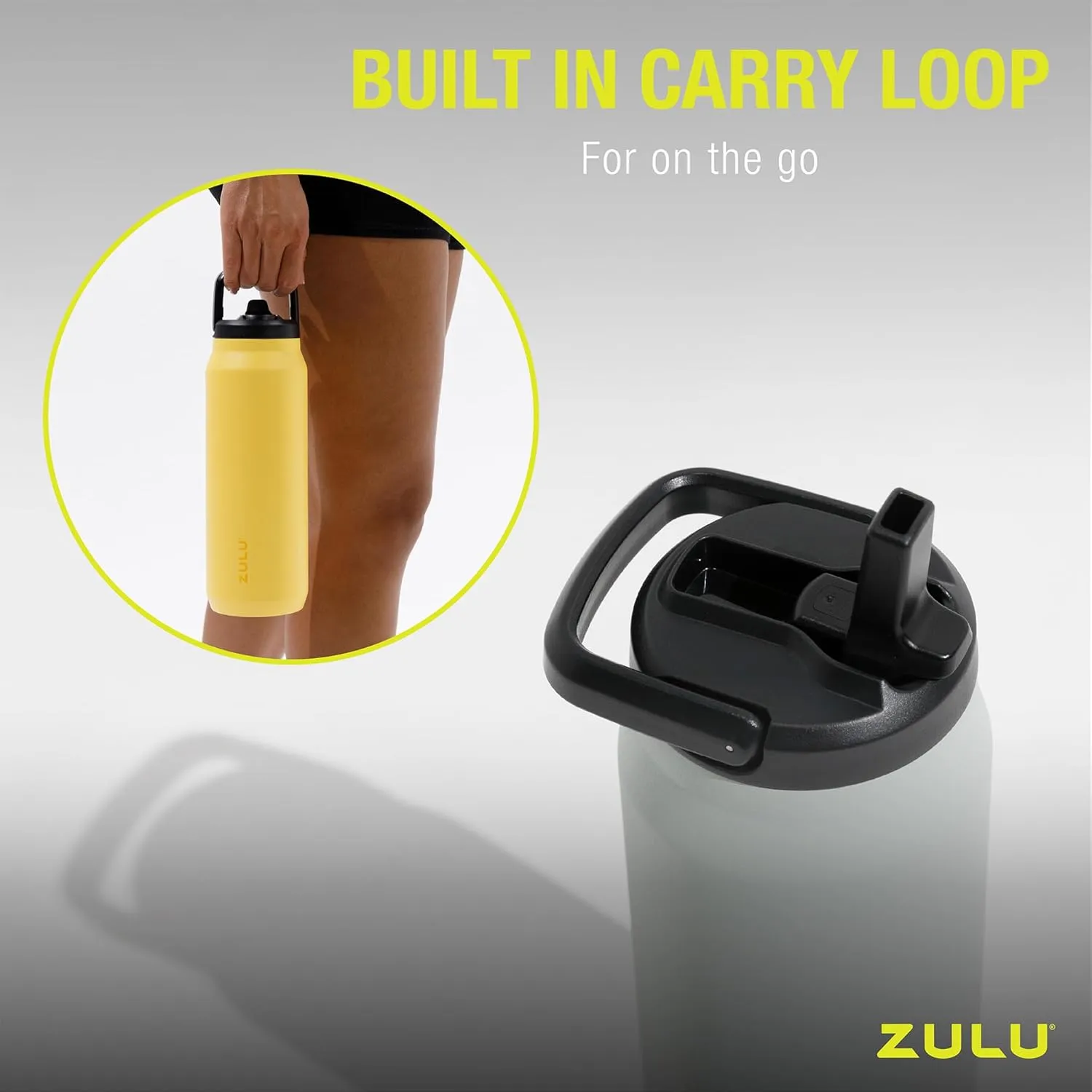 ZULU Base 40oz Stainless Steel Water Bottle with 3 Lids- Straw, Chug, Twist | Double Walled and Vacuum Insulated Metal Thermos | For Gym, Outdoor | Built in Carry Loop, Dishwasher Safe, Guac