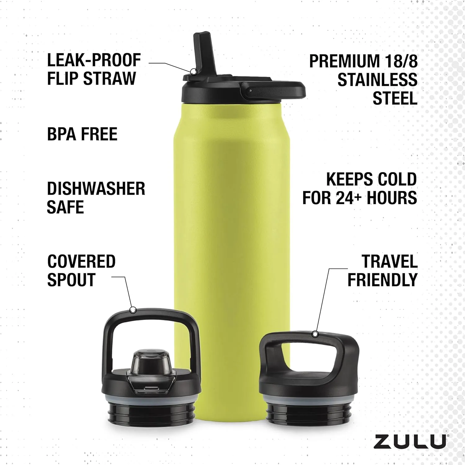 ZULU Base 40oz Stainless Steel Water Bottle with 3 Lids- Straw, Chug, Twist | Double Walled and Vacuum Insulated Metal Thermos | For Gym, Outdoor | Built in Carry Loop, Dishwasher Safe, Guac