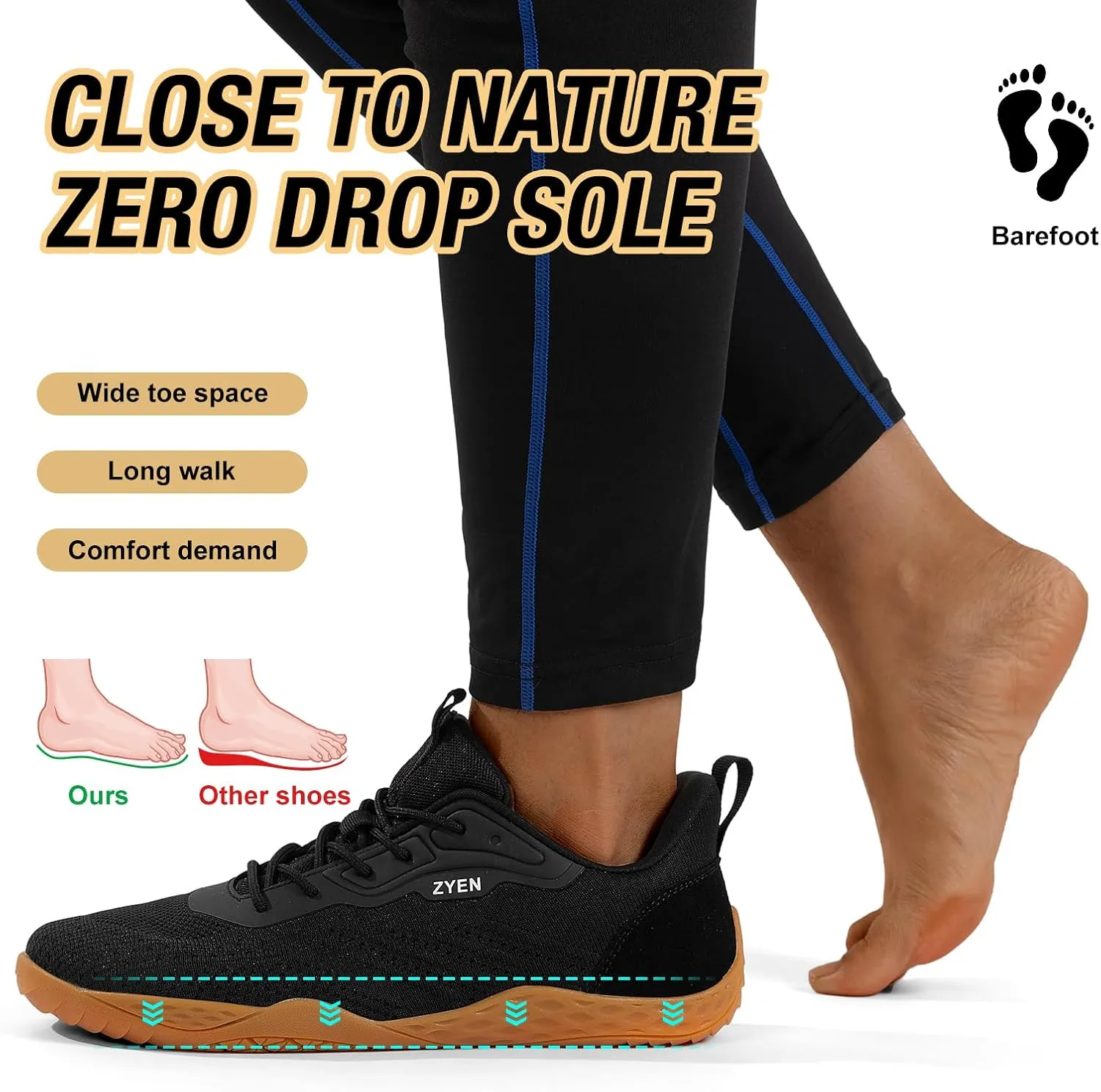 ZYEN Mens Barefoot Shoes Wide Toe Box Trail Running Sneakers Zero Drop Non-Slip Extra Wide Width Walking Shoes Minimalist Wrestling Sneakers Gym Trainer 6.5-13