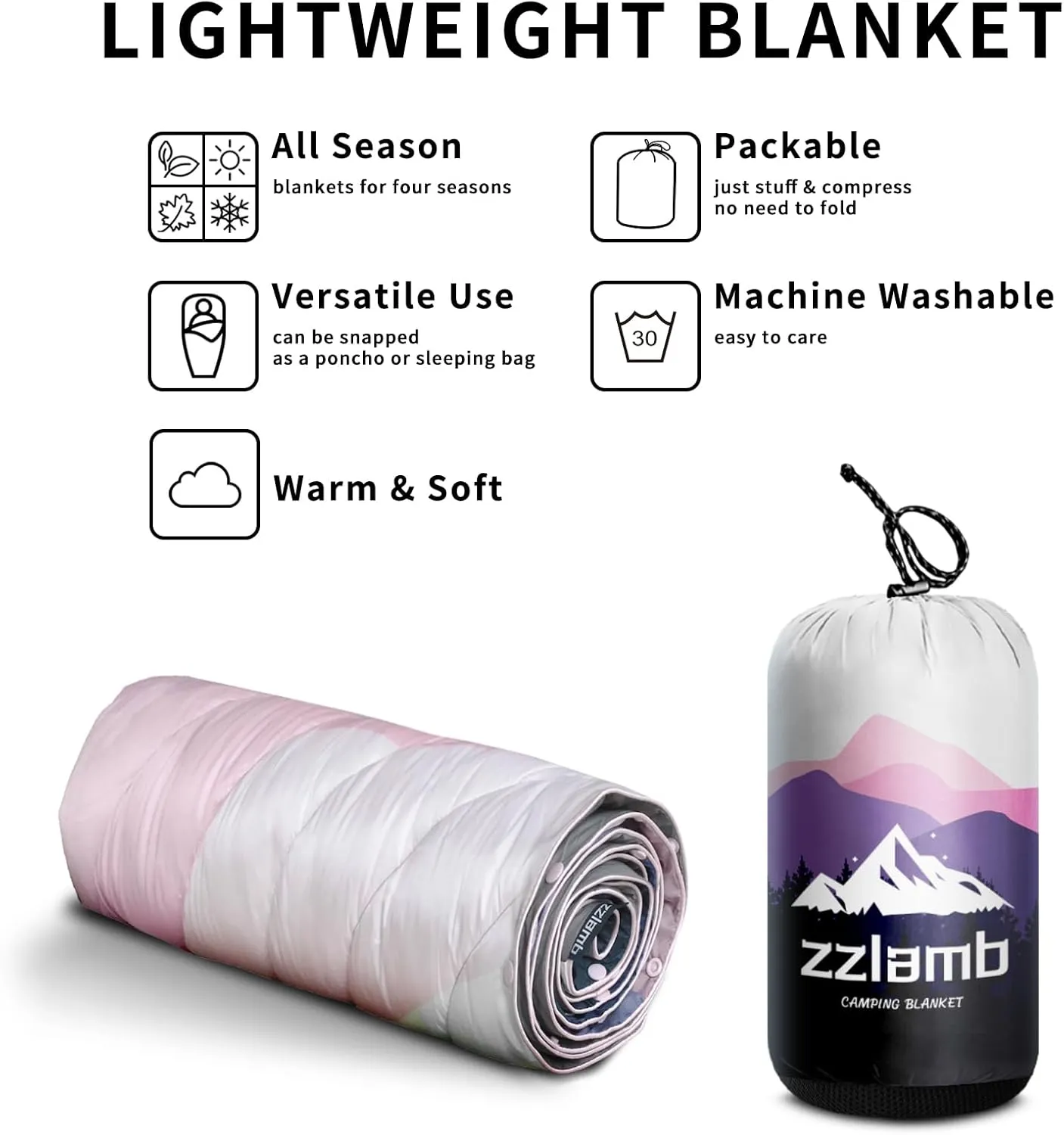 zzlamb Camping Blanket, Outdoor Lightweight Travel Blanket Puffy Portable Down Alternative, Windproof Warm Cloak with Snaps, Cozy Quilt Backpacking Picnic RV Plane Car Hammock Beach Climbing